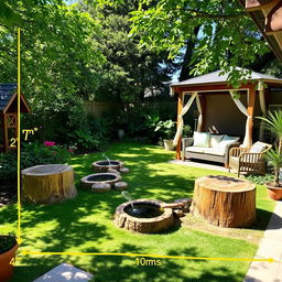 A beautiful green backyard space measuring 7 meters in width and 10 meters in length, featuring the use of ancient tree stumps as decorative elements
