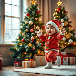 A festive Christmas scene featuring a charming baby dancing joyfully next to a beautifully decorated Christmas tree