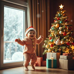 A festive Christmas scene featuring a charming baby dancing joyfully next to a beautifully decorated Christmas tree