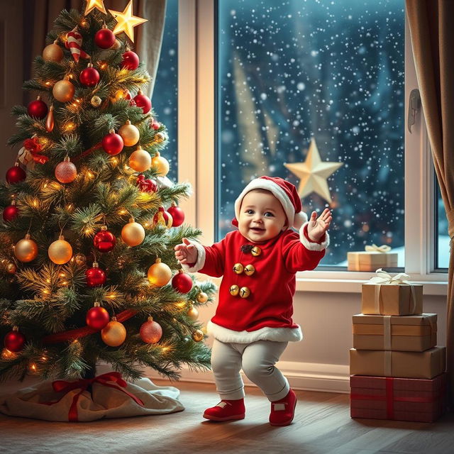 A festive Christmas scene featuring a charming baby dancing joyfully next to a beautifully decorated Christmas tree