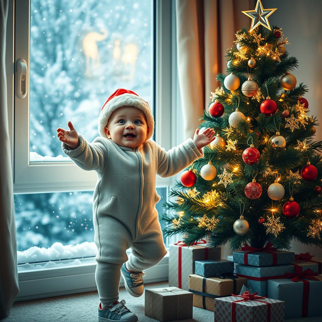 A festive Christmas scene featuring a charming baby dancing joyfully next to a beautifully decorated Christmas tree