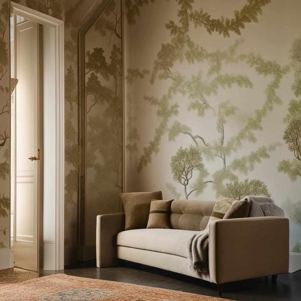 An elegantly decorated hall with a L-shaped sofa next to a well-decorated wall