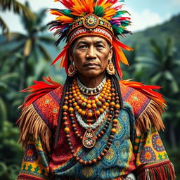 A detailed portrayal of traditional Papua attire, featuring a vibrant and intricate outfit worn by a Papua native