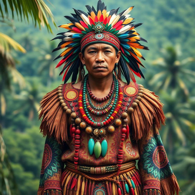 A detailed portrayal of traditional Papua attire, featuring a vibrant and intricate outfit worn by a Papua native