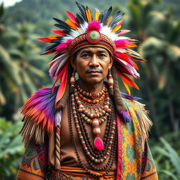 A detailed portrayal of traditional Papua attire, featuring a vibrant and intricate outfit worn by a Papua native