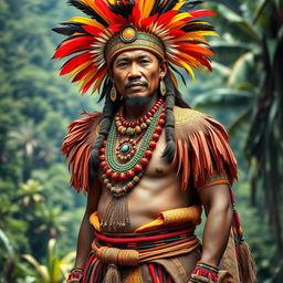 A detailed portrayal of traditional Papua attire, featuring a vibrant and intricate outfit worn by a Papua native