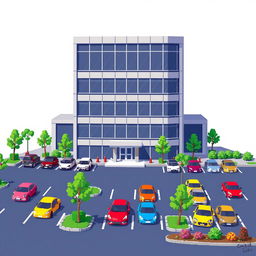 A vibrant pixel art illustration of a five-story corporate building showcasing a contemporary design with large glass windows and a modern facade