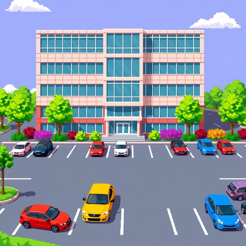 A vibrant pixel art illustration of a five-story corporate building showcasing a contemporary design with large glass windows and a modern facade