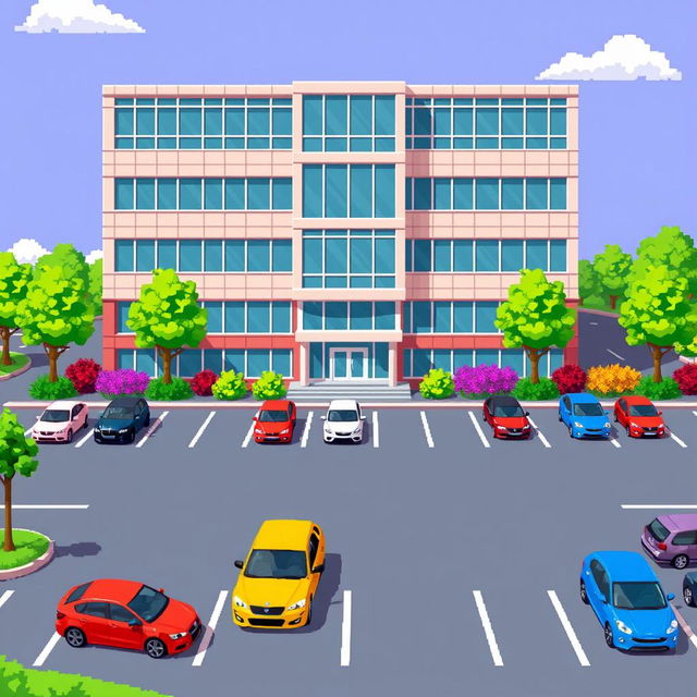 A vibrant pixel art illustration of a five-story corporate building showcasing a contemporary design with large glass windows and a modern facade