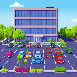 A vibrant pixel art illustration of a five-story corporate building showcasing a contemporary design with large glass windows and a modern facade