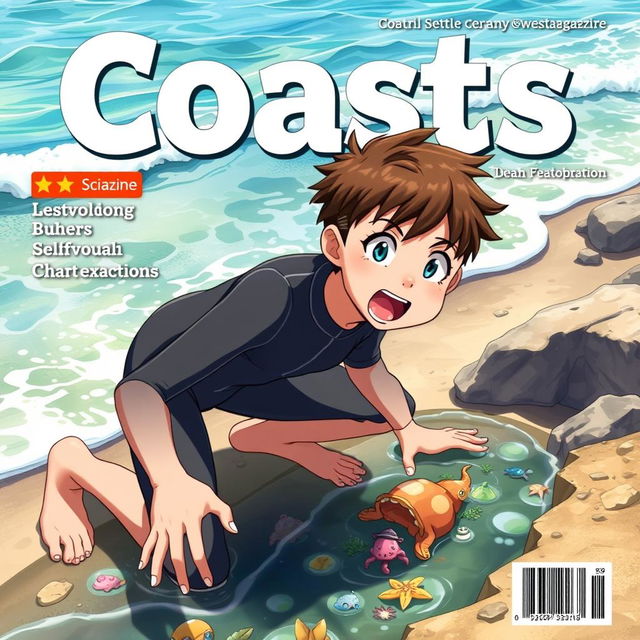 Detailed anime-style cover art for an educational science magazine issue titled 'Coasts', featuring an excited teen male character in a tight wet wetsuit on all fours, eagerly exploring a tide pool near the ocean