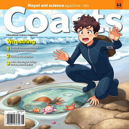 Detailed anime-style cover art for an educational science magazine issue titled 'Coasts', featuring an excited teen male character in a tight wet wetsuit on all fours, eagerly exploring a tide pool near the ocean