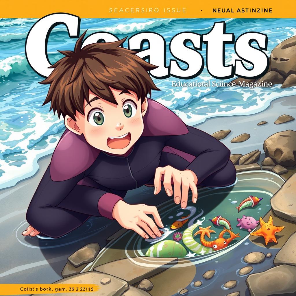 Detailed anime-style cover art for an educational science magazine issue titled 'Coasts', featuring an excited teen male character in a tight wet wetsuit on all fours, eagerly exploring a tide pool near the ocean