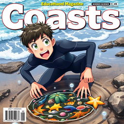 Detailed anime-style cover art for an educational science magazine issue titled 'Coasts', featuring an excited teen male character in a tight wet wetsuit on all fours, eagerly exploring a tide pool near the ocean