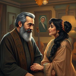 An artistic depiction of two renowned Persian musicians, Mohammad Reza Shajarian and Hayedeh, engaged in a heartfelt conversation