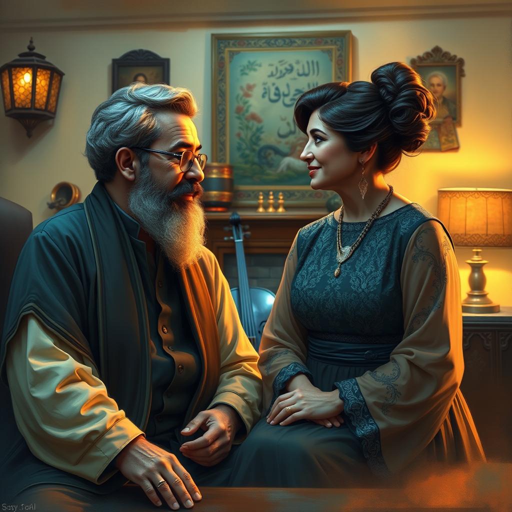 An artistic depiction of two renowned Persian musicians, Mohammad Reza Shajarian and Hayedeh, engaged in a heartfelt conversation