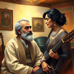 An artistic depiction of two renowned Persian musicians, Mohammad Reza Shajarian and Hayedeh, engaged in a heartfelt conversation