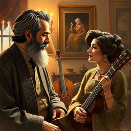 An artistic depiction of two renowned Persian musicians, Mohammad Reza Shajarian and Hayedeh, engaged in a heartfelt conversation