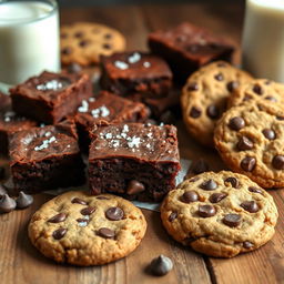 A delicious assortment of brownies and cookies displayed on a rustic wooden table