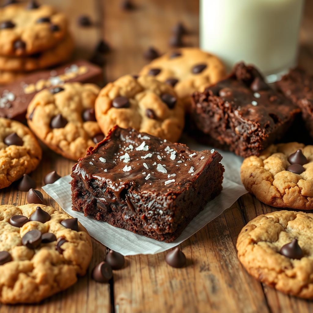 A delicious assortment of brownies and cookies displayed on a rustic wooden table