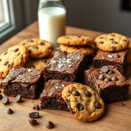 A delicious assortment of brownies and cookies displayed on a rustic wooden table