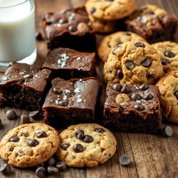 A delicious assortment of brownies and cookies displayed on a rustic wooden table