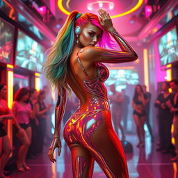 A captivating scene featuring a hot, sophisticated AI girl as a stripper, showcasing futuristic robotic features such as sleek metallic skin and glowing LED accents