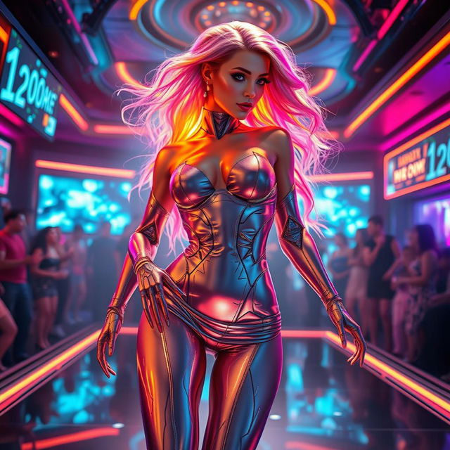 A captivating scene featuring a hot, sophisticated AI girl as a stripper, showcasing futuristic robotic features such as sleek metallic skin and glowing LED accents