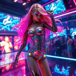 A captivating scene featuring a hot, sophisticated AI girl as a stripper, showcasing futuristic robotic features such as sleek metallic skin and glowing LED accents