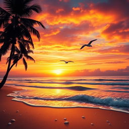 A vibrant and detailed sunset over a tranquil beach, with gentle waves lapping at the shore