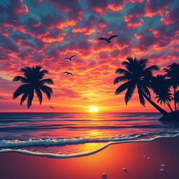 A vibrant and detailed sunset over a tranquil beach, with gentle waves lapping at the shore