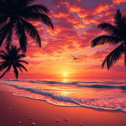 A vibrant and detailed sunset over a tranquil beach, with gentle waves lapping at the shore