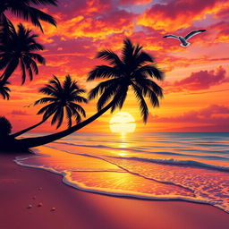 A vibrant and detailed sunset over a tranquil beach, with gentle waves lapping at the shore