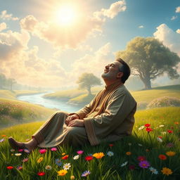 A serene and ethereal depiction of Mohammad Reza Shajarian in a dreamy paradise