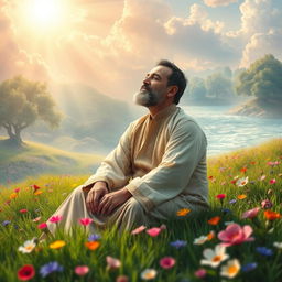 A serene and ethereal depiction of Mohammad Reza Shajarian in a dreamy paradise