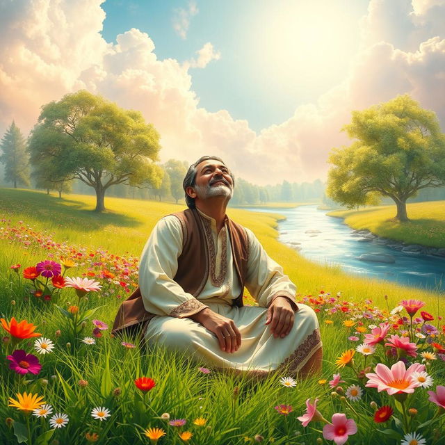 A serene and ethereal depiction of Mohammad Reza Shajarian in a dreamy paradise