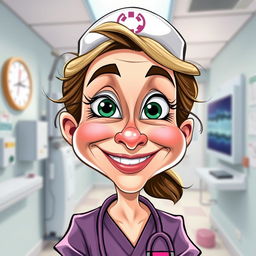 A humorous caricature of a nurse with exaggerated facial features, showcasing a bright smile and large expressive eyes