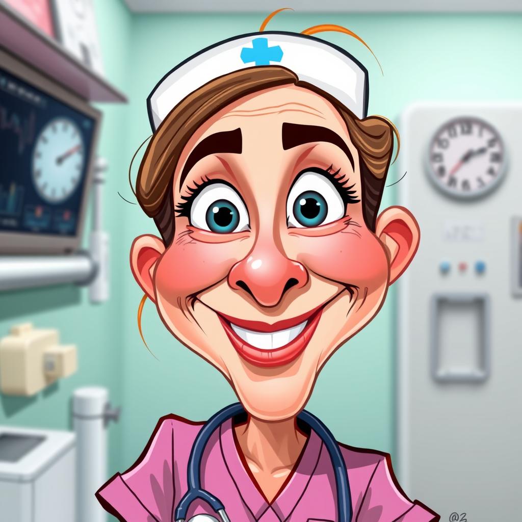 A humorous caricature of a nurse with exaggerated facial features, showcasing a bright smile and large expressive eyes