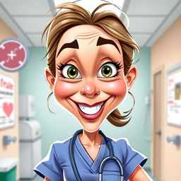 A humorous caricature of a nurse with exaggerated facial features, showcasing a bright smile and large expressive eyes