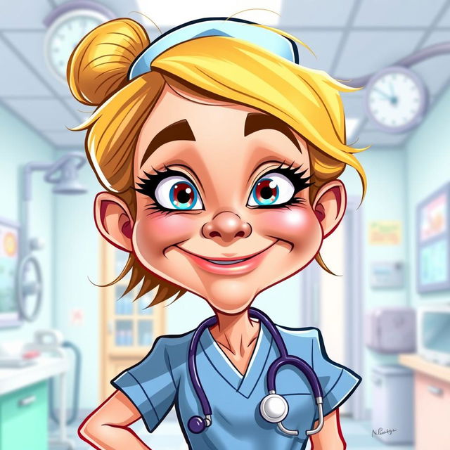 A humorous caricature of a nurse with exaggerated facial features, showcasing a bright smile and large expressive eyes