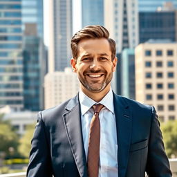 A well-dressed 40-year-old white man, standing confidently in a modern urban environment