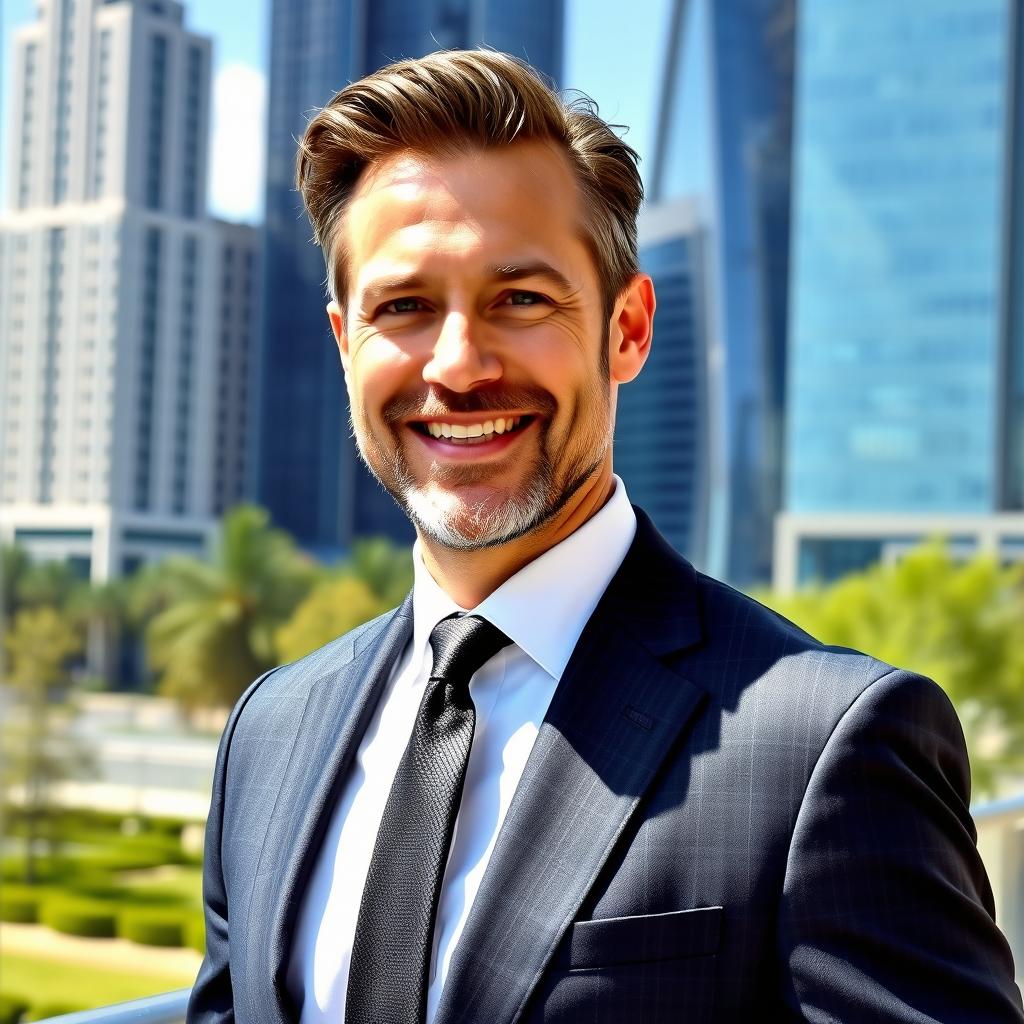 A well-dressed 40-year-old white man, standing confidently in a modern urban environment