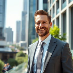 A well-dressed 40-year-old white man, standing confidently in a modern urban environment