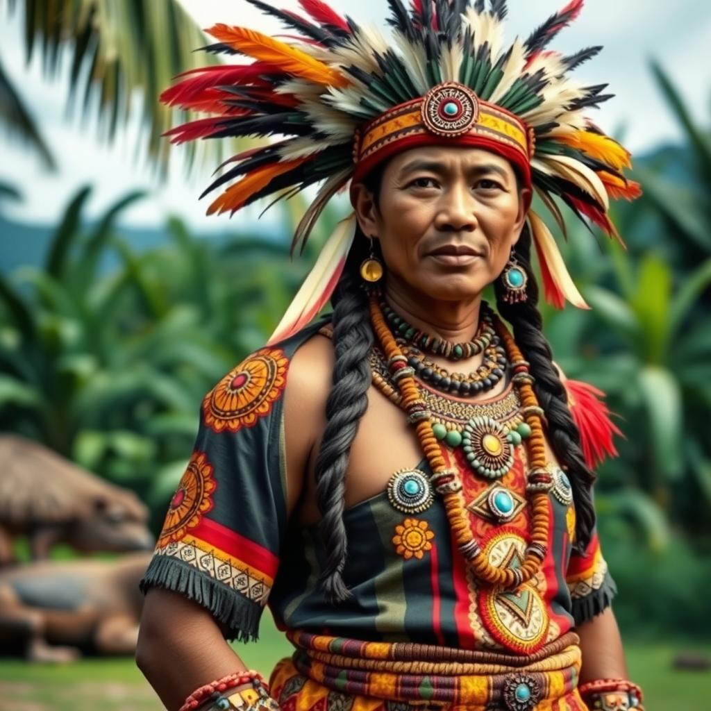 A detailed depiction of traditional Papuan attire, showcasing vibrant colors and intricate patterns typical of Papua's indigenous clothing