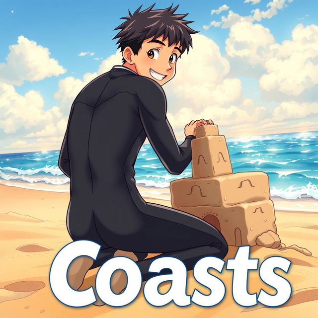 Detailed anime-style cover art for an educational science magazine issue titled 'Coasts', featuring an excited teen male character in a tight wet wetsuit, kneeling next to a creatively built sandcastle on the beach