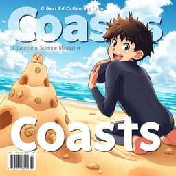 Detailed anime-style cover art for an educational science magazine issue titled 'Coasts', featuring an excited teen male character in a tight wet wetsuit, kneeling next to a creatively built sandcastle on the beach