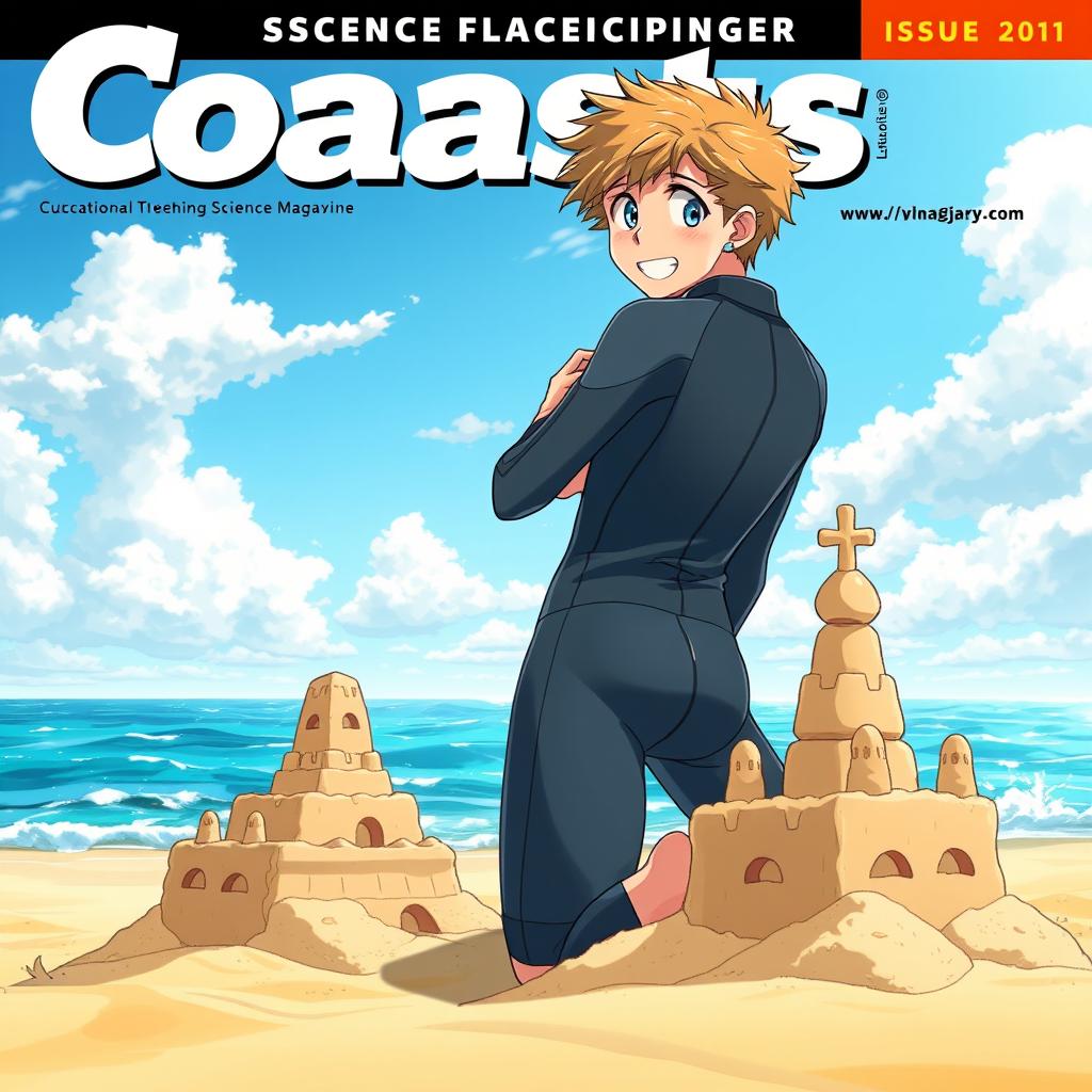 Detailed anime-style cover art for an educational science magazine issue titled 'Coasts', featuring an excited teen male character in a tight wet wetsuit, kneeling next to a creatively built sandcastle on the beach