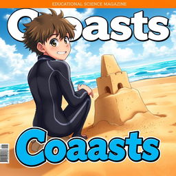 Detailed anime-style cover art for an educational science magazine issue titled 'Coasts', featuring an excited teen male character in a tight wet wetsuit, kneeling next to a creatively built sandcastle on the beach
