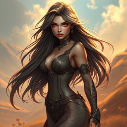 A vividly detailed and artistic representation of a sensual character design featuring a confident young woman with flowing long hair and an alluring expression