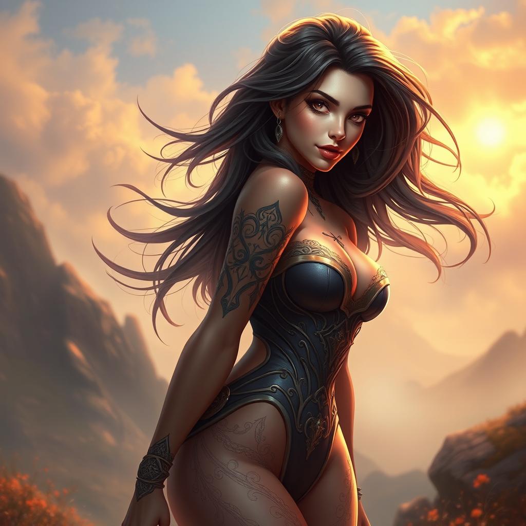 A vividly detailed and artistic representation of a sensual character design featuring a confident young woman with flowing long hair and an alluring expression